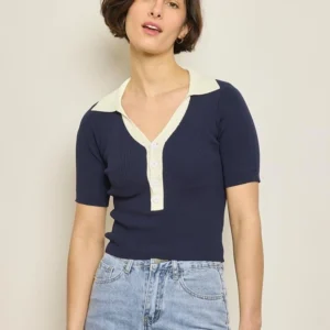 Tricou Dama Albastru cu guler alb